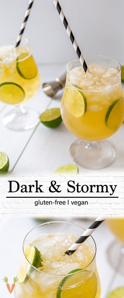 A PInterest pin for a dark and stormy cocktail with 2 pictures of the drink. 