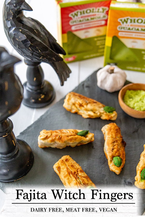 A Pinterest pin for spooky fajita egg rolls with pictures of egg roll fingers and black crows.