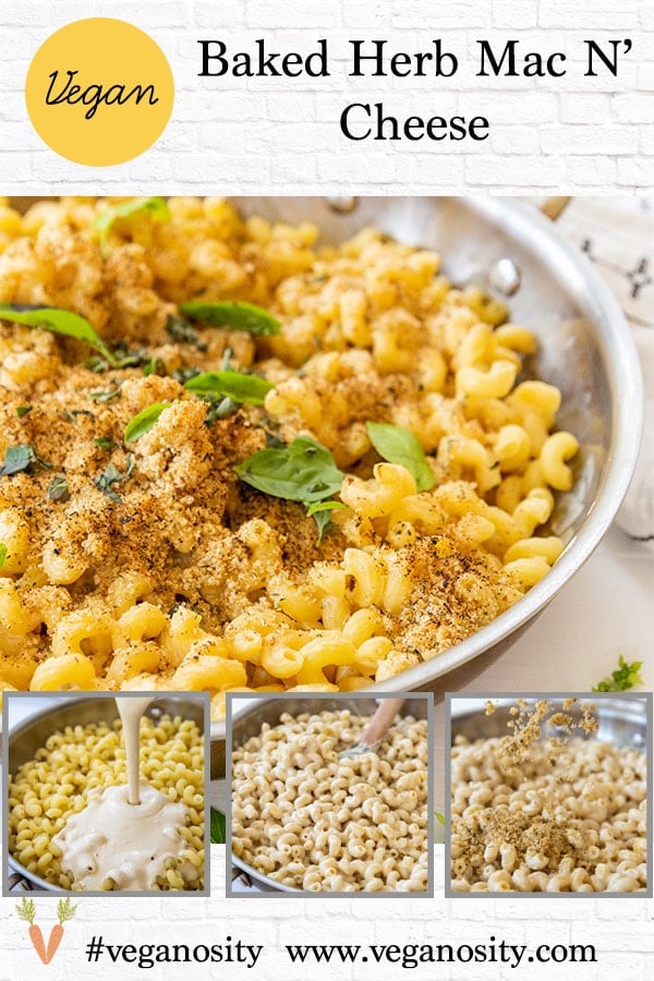 A Pinterest pin for baked vegan mac 'n' cheese with 4 pictures of the recipe.