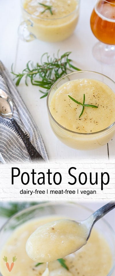 A Pinterest pin for potato soup with 2 pictures of the soup.