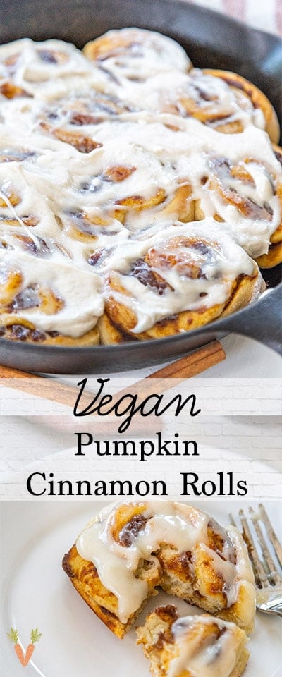 A Pinterest pin for vegan pumpkin cinnamon rolls with 2 pictures of the rolls.