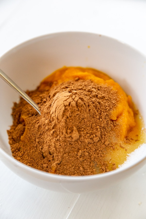 A white bowl with pumpkin puree and spices. 