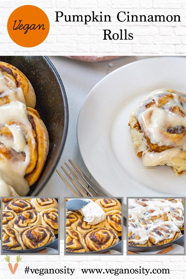 A Pinterest pin for vegan pumpkin cinnamon rolls with four pictures of the rolls. 