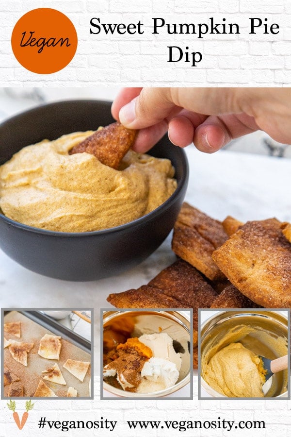 A Pinterest pin for vegan pumpkin dip with four pictures of the dip. 