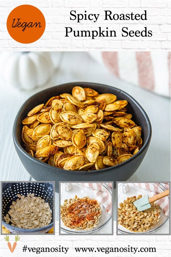 A Pinterest pin for roasted pumpkin seeds with 4 pictures of the seeds.