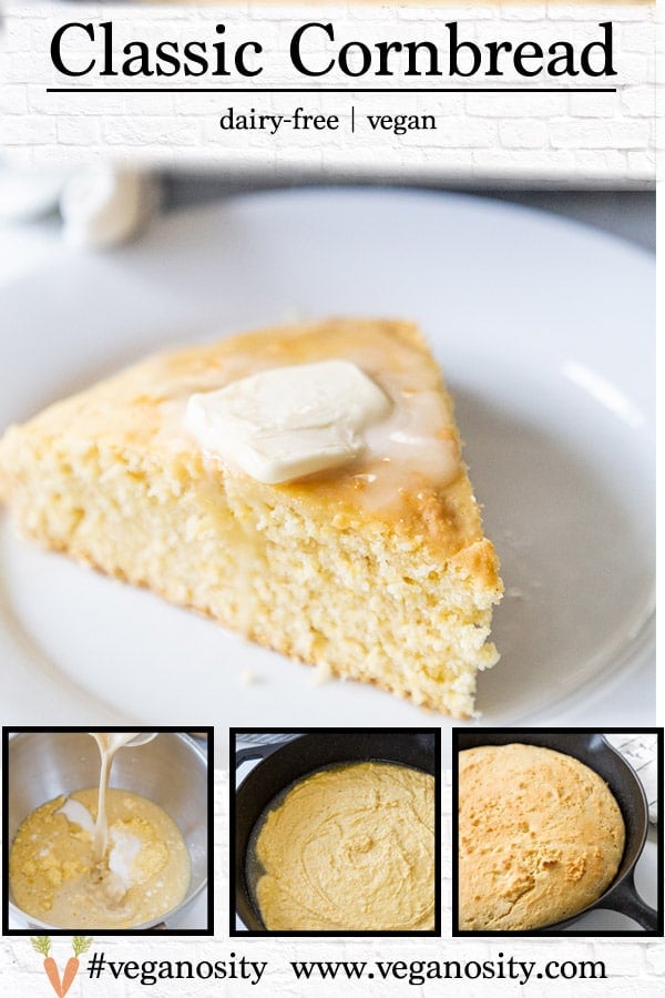 A PInterest pin for classic vegan cornbread with four pictures of the cornbread. 