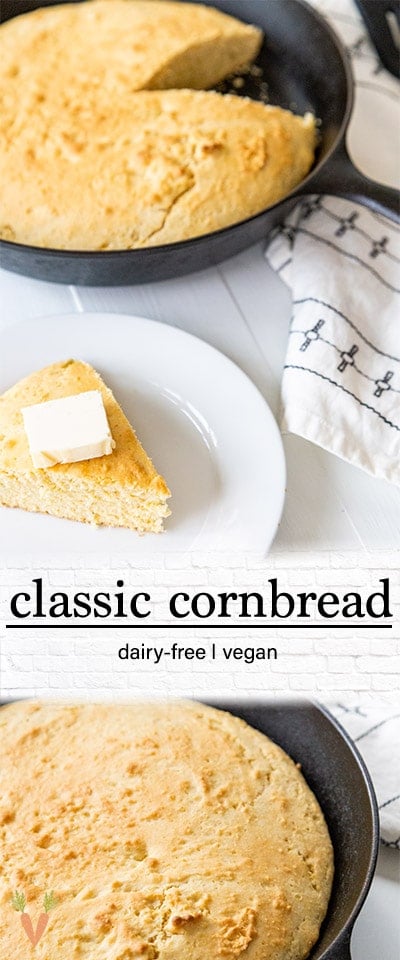 A PInterest pin for classic vegan cornbread with 2 pictures of the cornbread.
