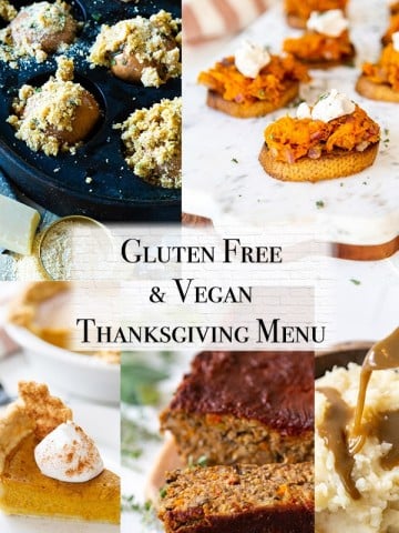 A collage for a vegan and gluten-free Thanksgiving menu.