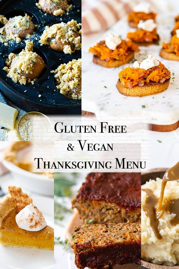 A collage for a vegan and gluten-free Thanksgiving menu. 