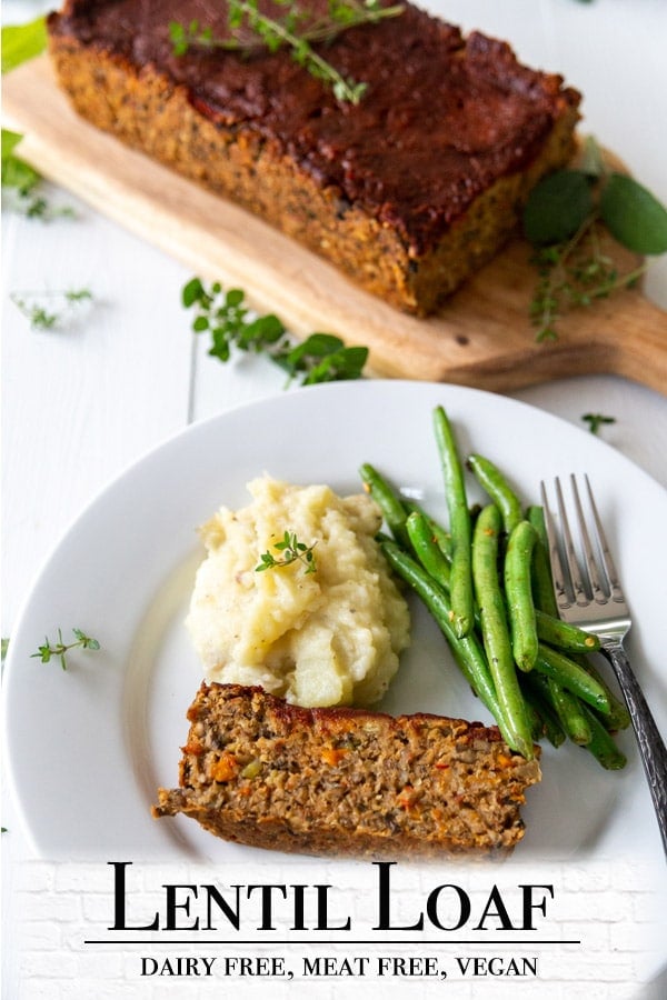 A Pinterest pin for a vegan lentil loaf with two pictures of the loaf.