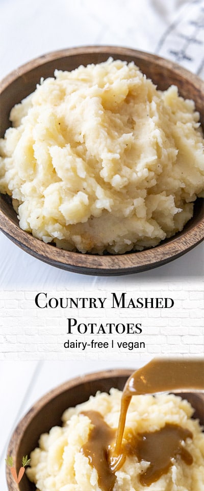 A Pinterest pin for vegan mashed potatoes with 2 pictures of the potatoes in a wooden bowl, one with gravy. 