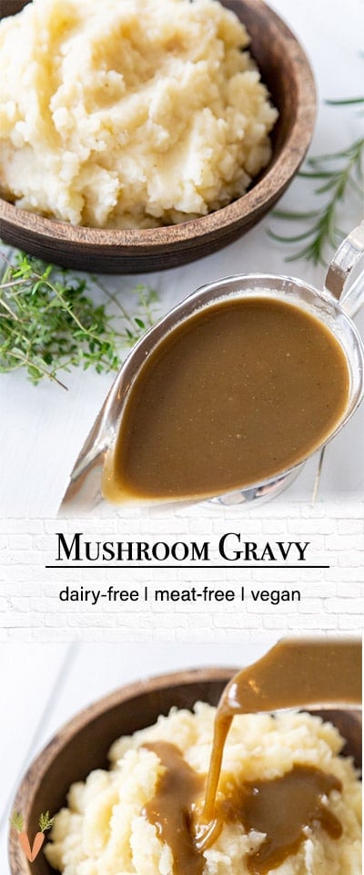 A Pinterest pin for porcini mushroom gravy with 2 pictures of the gravy.
