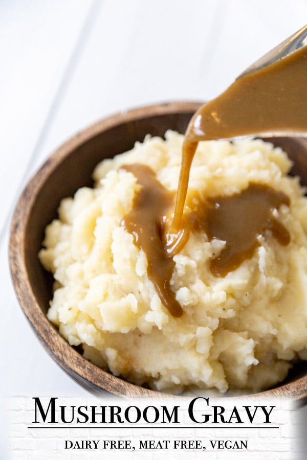 A Pinterest pin with a picture of gravy being poured over a bowl of mashed potatoes.