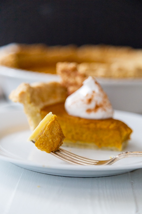 A forkful of pumpkin pie next to a slice of the pie on a white plate. 