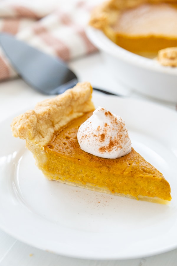 A slice of pumpkin pie with a dollop of whipped cream sprinkled with cinnamon on a white plate. 