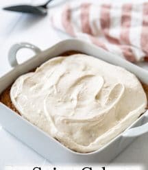 A Pinterest pin for spice cake with cream cheese frosting and a picture of the cake frosted in the pan.