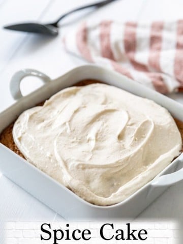 A Pinterest pin for spice cake with cream cheese frosting and a picture of the cake frosted in the pan.