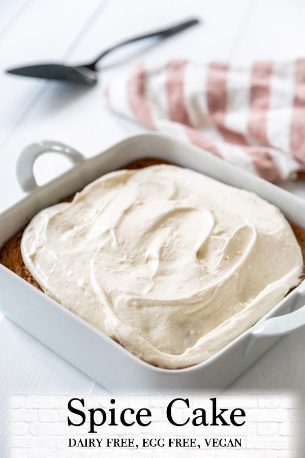 A Pinterest pin for spice cake with cream cheese frosting and a picture of the cake frosted in the pan.