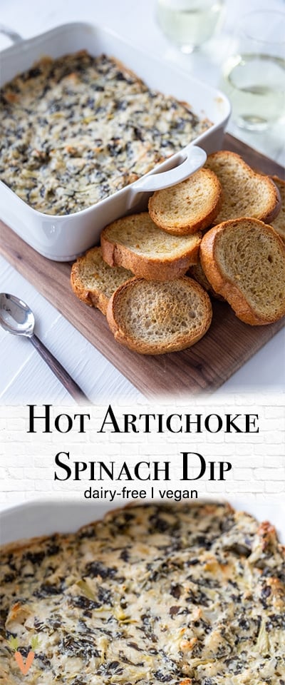 A PInterest pin for vegan spinach artichoke dip with 2 pictures of the dip. 