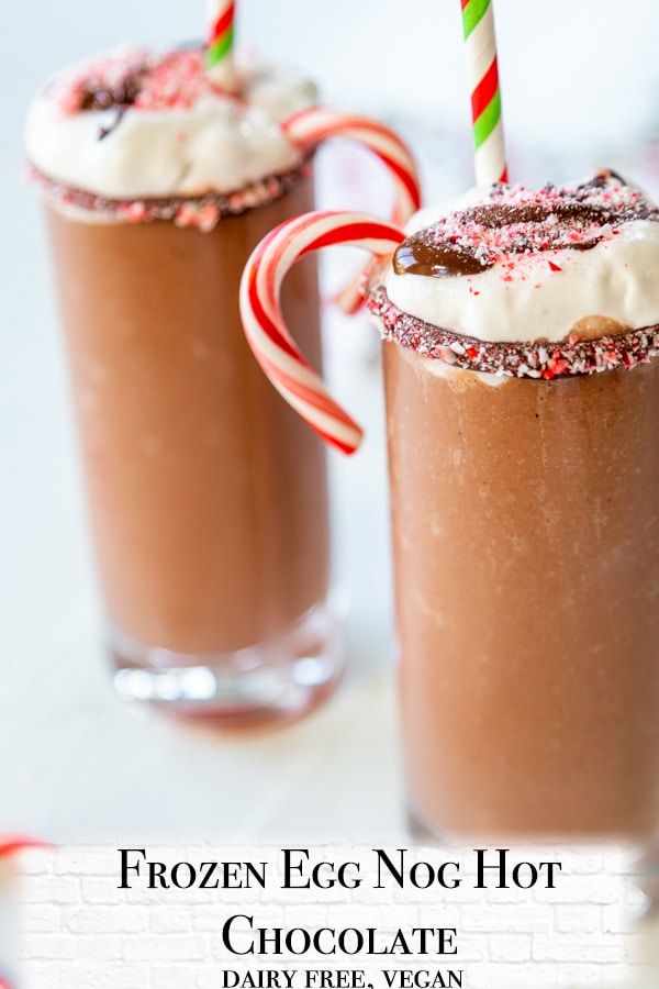 A PInterest pin for vegan frozen hot chocolate with eggnog.