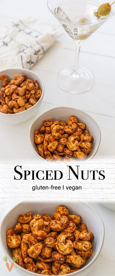 A PInterest pin for roasted spiced and smoky nuts with 2 pictures of the nuts. 