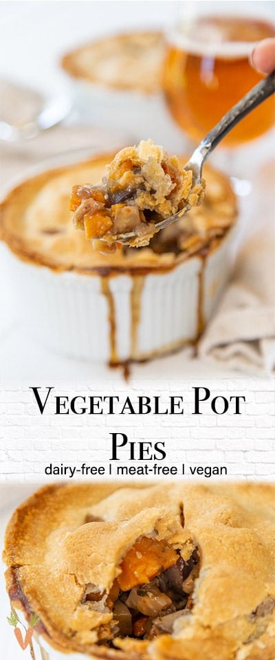 A Pinterest pin for vegetable pot pies with 2 pictures of the pot pies. 