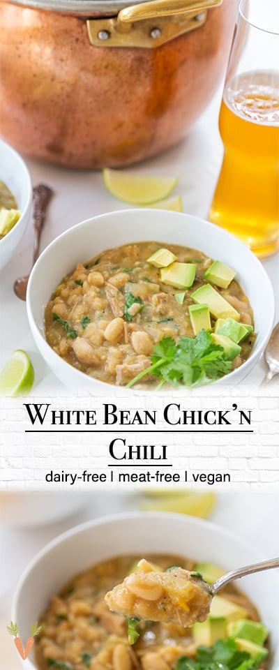 A Pinterest pin for vegan white bean "chicken" chili with 2 pictures of the chili. 