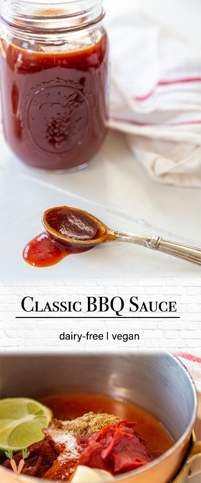 A Pinterest pin for vegan bbq sauce with 2 pictures of the sauce. 