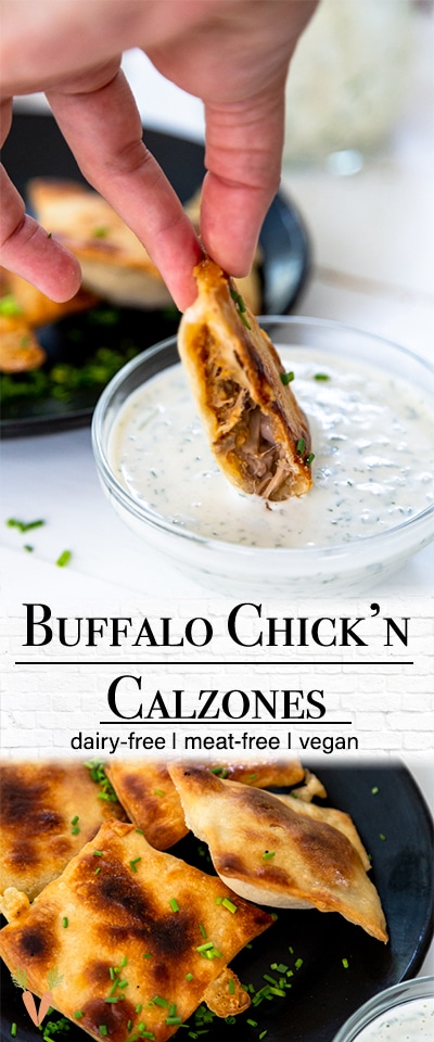 A Pinterest pin for vegan buffalo chicken calzones with 2 pictures of the calzones.