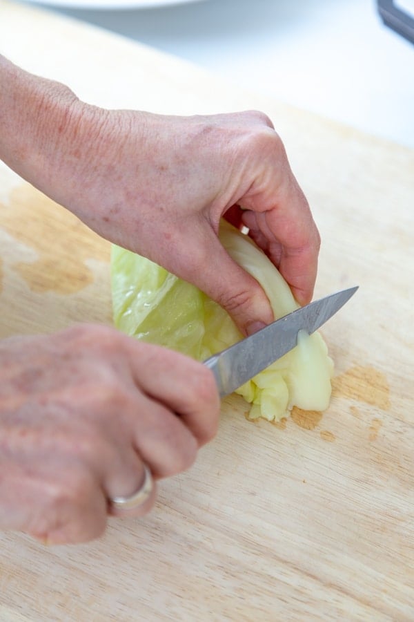 Two hands holding a cabbage leaf and a knife.
