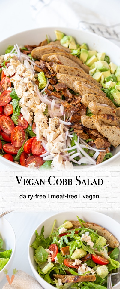 A PInterest Pin for a vegan Cobb Salad with two pictures of the salad.