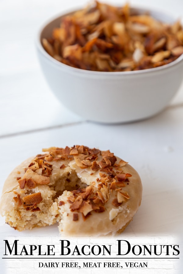 A Pinterest pin for vegan maple glazed bacon doughnuts with one picture of the doughnut. 