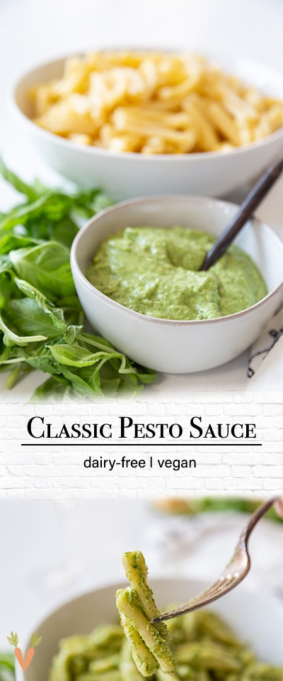 A Pinterest pin for vegan pesto with two pictures of the pesto.