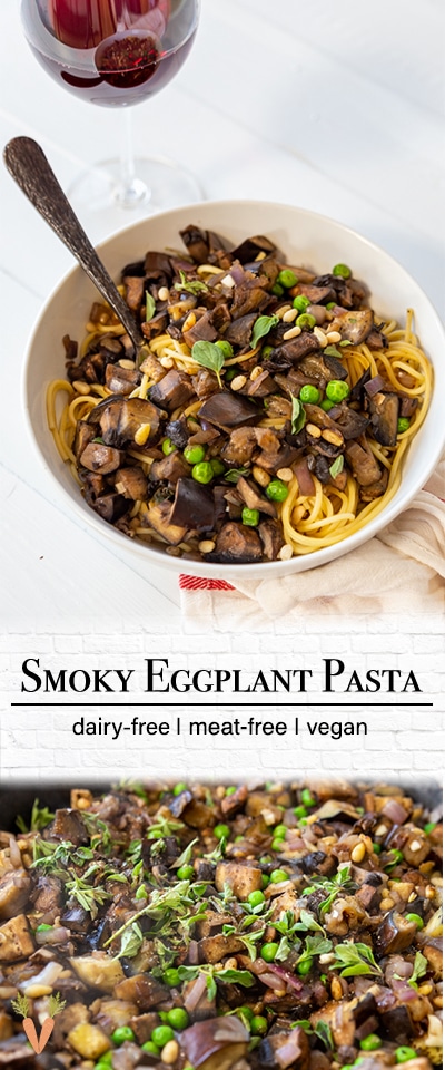 A Pinterest pin for smoky vegan pasta with 2 pictures of the pasta.