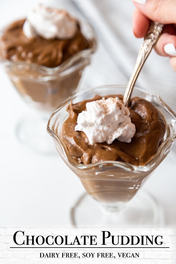 A Pinterest pin for vegan chocolate pudding with a picture of two dishes of the pudding with whipped topping.