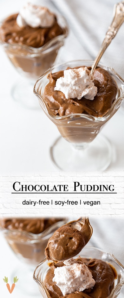 A Pinterest pin for vegan chocolate pudding with 2 pictures of the pudding.