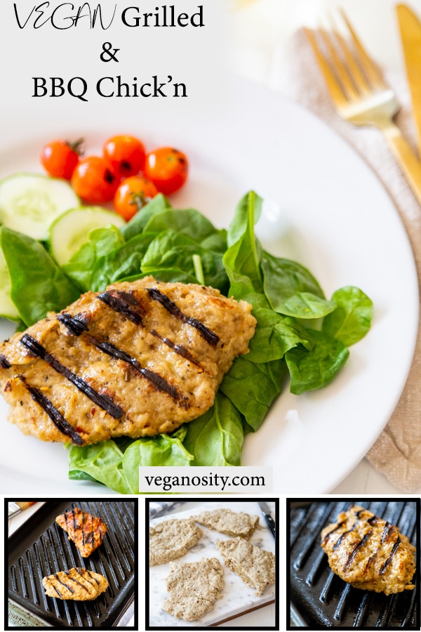 A PInterest pin for vegan grilled chicken with a picture of a piece of chicken on a white plate with salad and 3 process shots of the chicken being made.