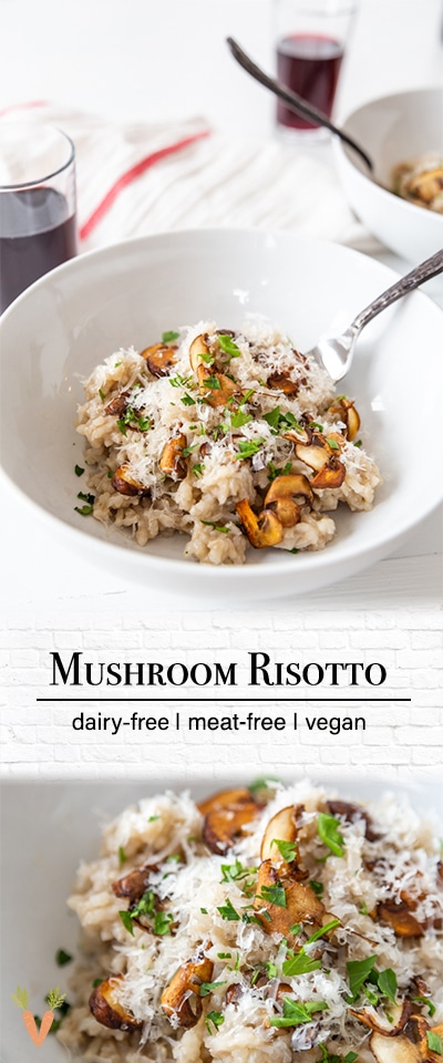 A PInterest pin for vegan mushroom risotto with 2 pictures of the risotto in a white bowl. 