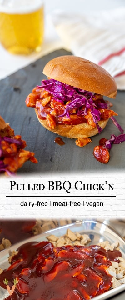 A Pinterest pin for vegan pulled BBQ chicken with 2 pictures of the BBQ. 