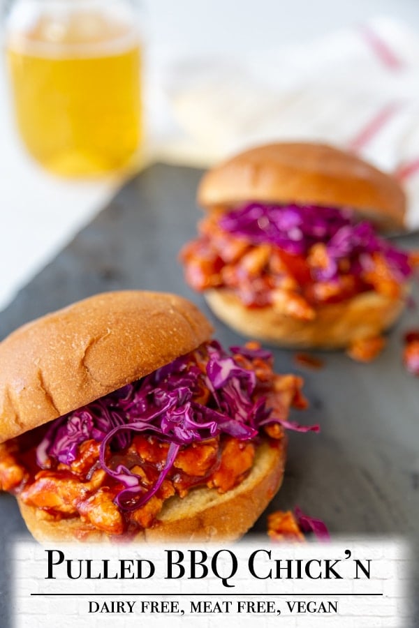 A Pinterest pin for vegan pulled BBQ chicken with a picture of the BBQ sandwiches. 