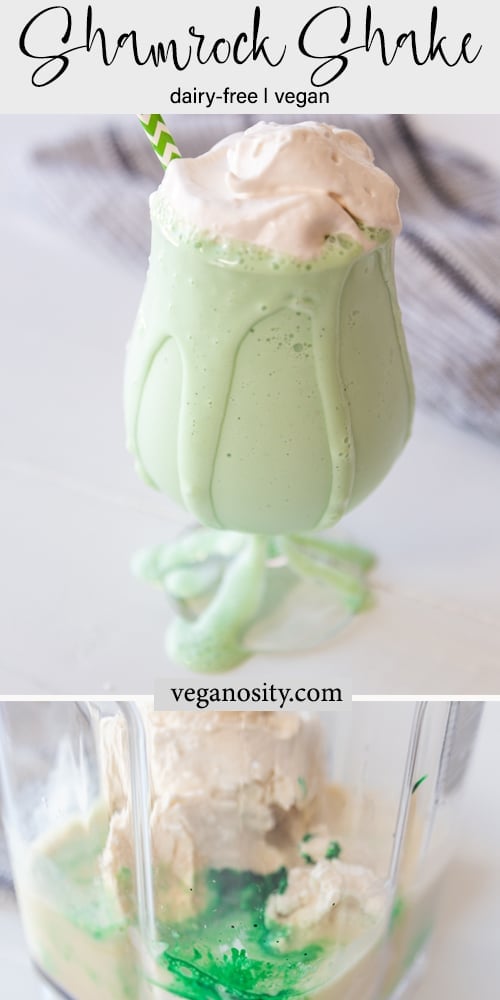 A PInterest pin for a vegan shamrock shake with two pictures of the shake. 