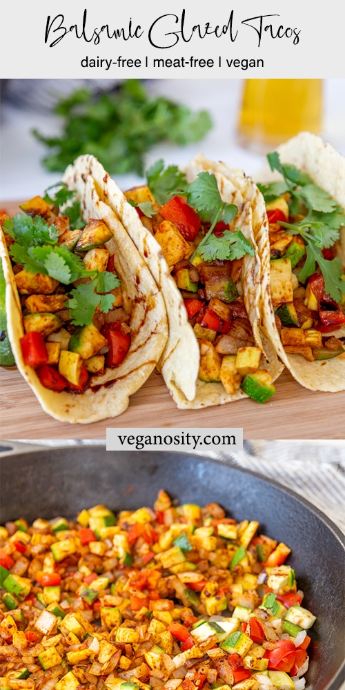 A Pinterest pin for Balsamic Glazed Veggie Tacos with 2 pictures of the tacos. 