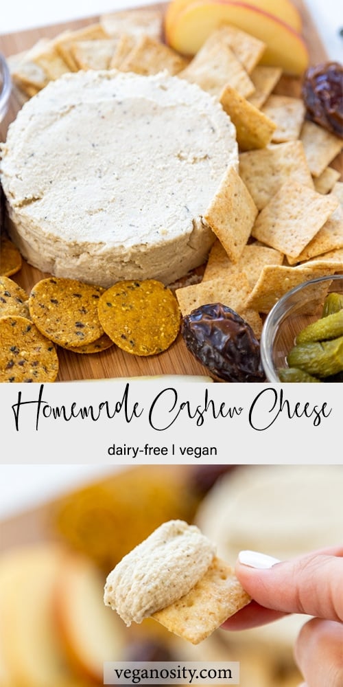 A Pinterest pin for cashew cheese with two pictures of the cheese. 