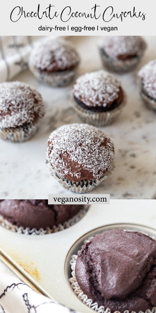 A Pinterest pin for vegan chocolate coconut cupcakes with 2 pictures of the cupcakes.