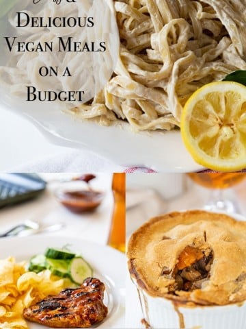 A collage of vegan meals you can make on a budget.