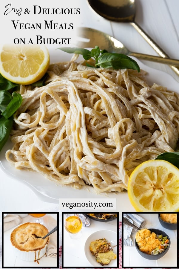 A PInterest pin with 4 pictures of vegan meals you can make on a budget. 