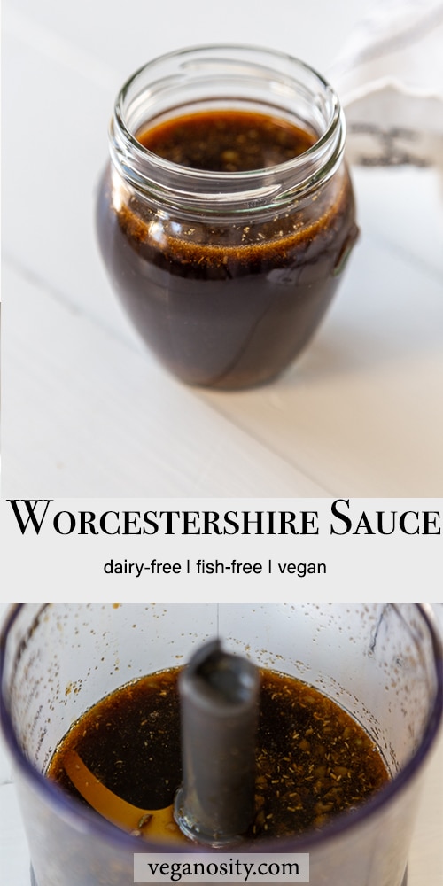 A Pinterest pin for vegan Worcestershire sauce with 2 pictures of the sauce. 