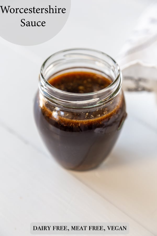 A Pinterest pin for vegan Worcestershire sauce with a picture of the sauce in a glass jar.