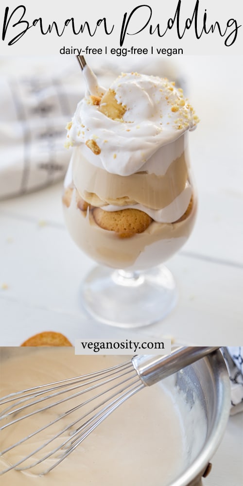 A Pinterest pin for vegan banana pudding with a picture of the layers of pudding, whipped topping, wafer cookies, and sliced bananas with a spoon in the glass. 