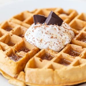 A Belgian waffle with whipped topping, chocolate shavings, and chocolate pieces sticking out of the whipped cream on a white plate.